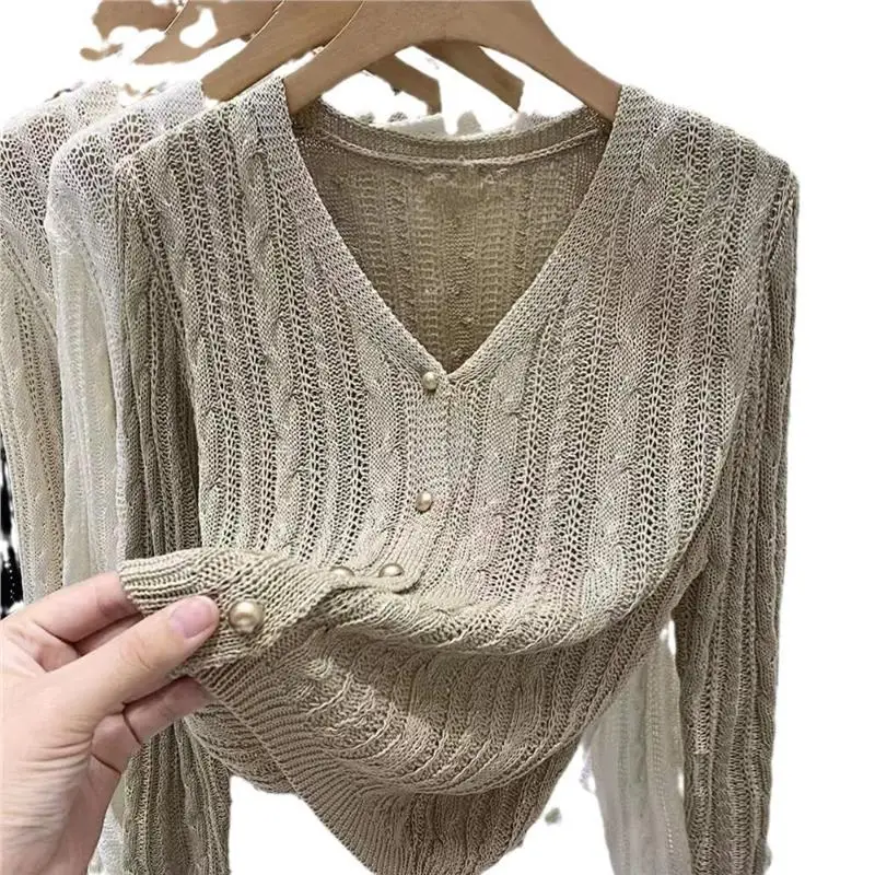 ربيع جديد محبوك ort Svel V-Ne المرأة سترة رقيقة طويلة Sve حماية الشمس أعلى لون نقي سترة Sle