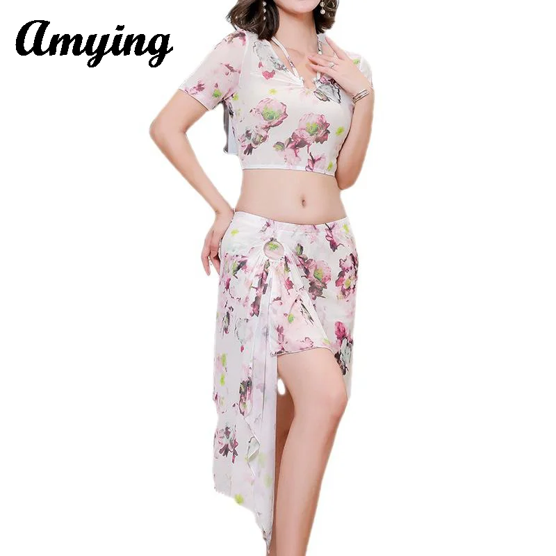 Women Sexy Top+Split Skirt Costume Set Oriental Dance Practice Training Performance Floral Clothing Beautiful Flower Skirt