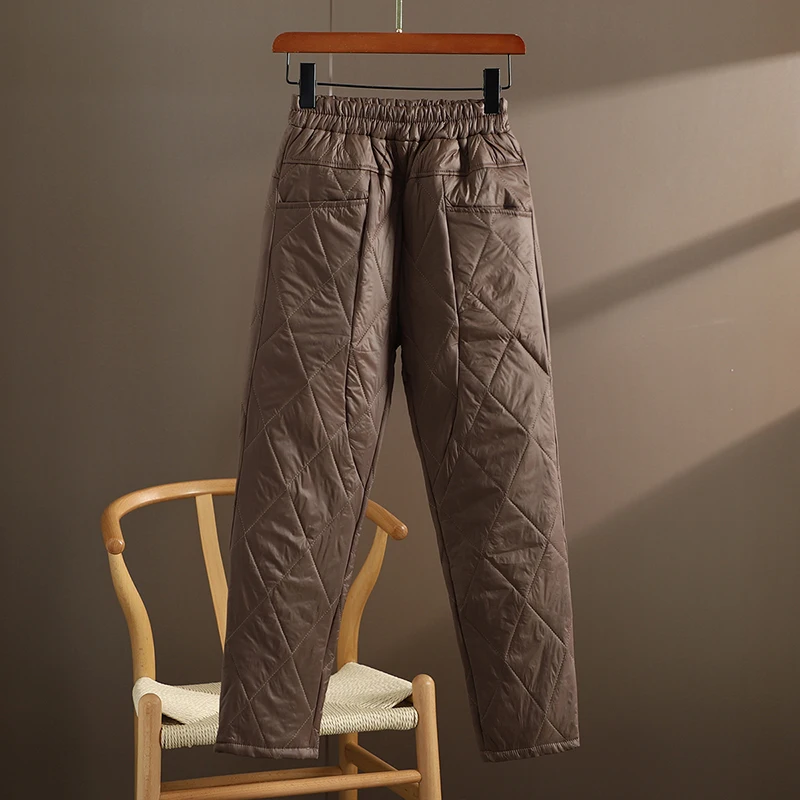 軽量ダウンコットンパンツ女性のためのファイオナブルダイヤモンド柄ハーランカフスズボン暖かいハイウエストロングパンツ