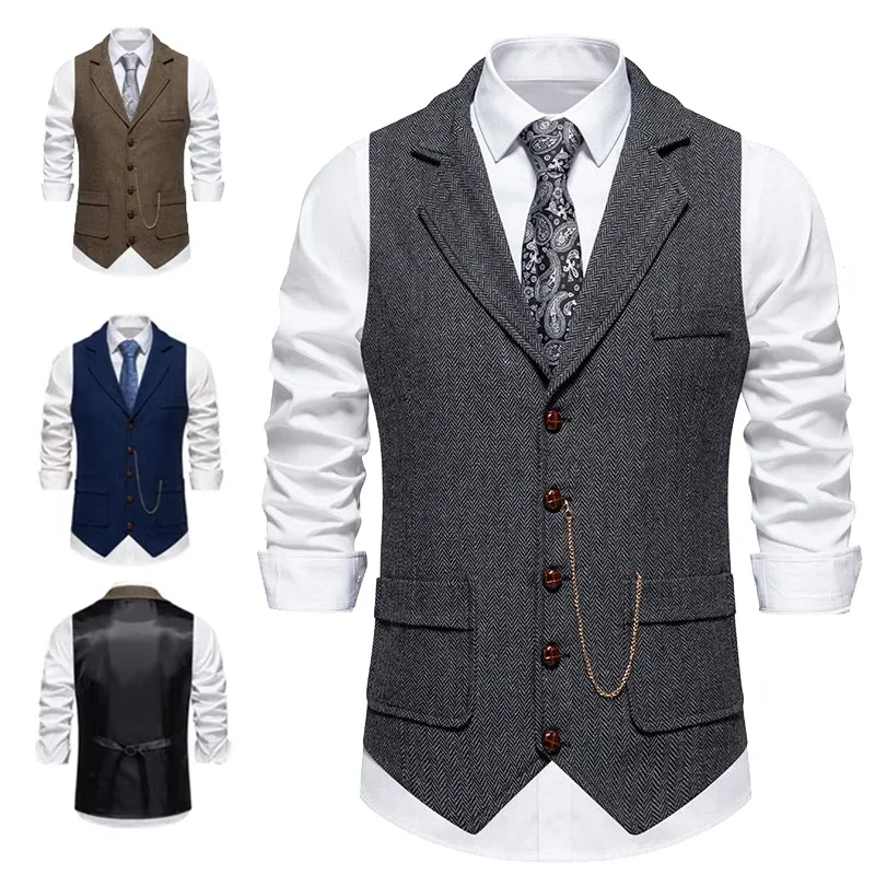 

Retro Mens Lapel Suit Vest Casual Business Herringbone Coarse Pattern Single Breasted Chain British Waistcoat Mens Jacket