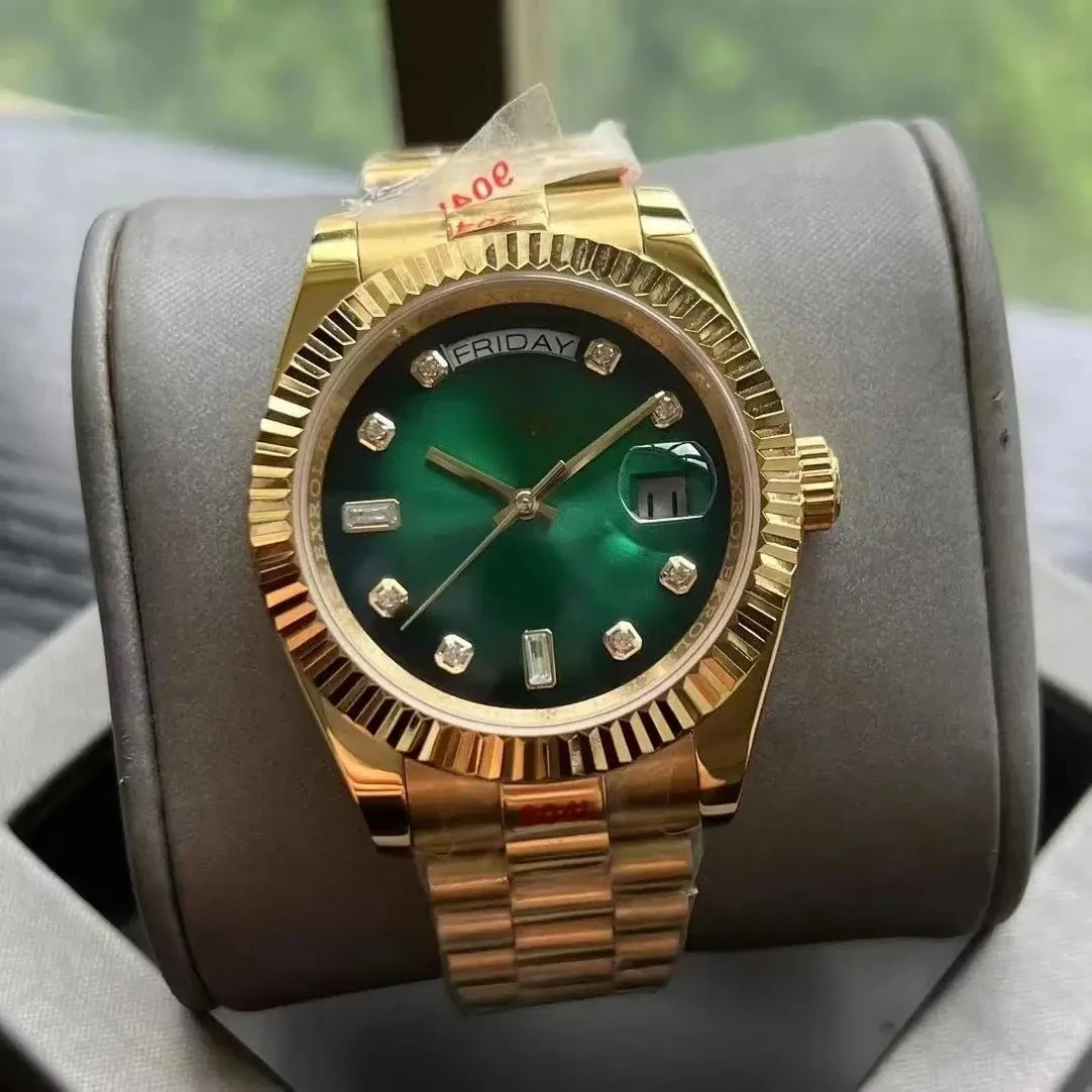 Luxe heren automatisch mechanisch horloge roestvrij staal zilver geel rosé goud groen daydate diamanten blauw wit 36 mm 41 mm