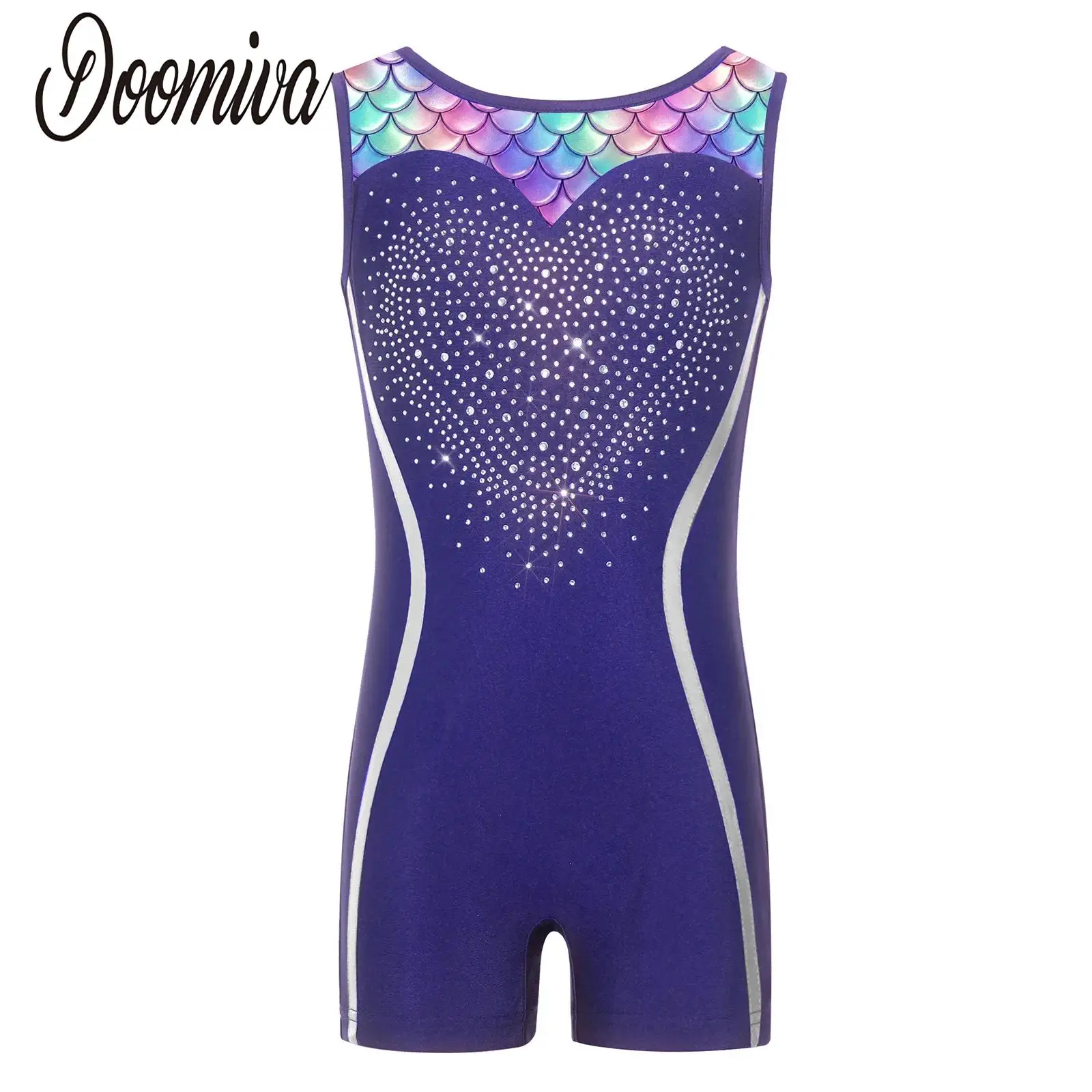 

Детские гимнастические купальники с принтом для девочек, костюмы для фигурного катания, гимнастики, балета, без рукавов, с блестящими стразами, комбинезоны-юнитарды