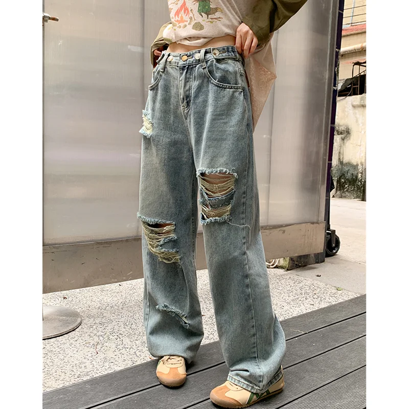 

Blue Womens Jeans High Waist Vintage Straight Y2K Summer Ripped Denim Pants Streetwear American Wide Leg Baggy Denim Trouser