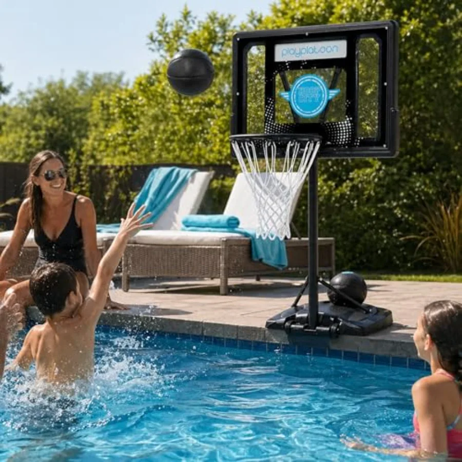 

Swimming Pool Basketball Hoop for poolside above-ground use durable PU leather ball adjustable height 3-4 ft includes air pump
