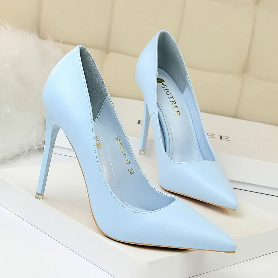 

BIGTREE Fashion Concise High Heels Matte Leather Dress Office Lady Women's Pumps Stiletto 7-10cm Pale Yellow Wathet Size 43