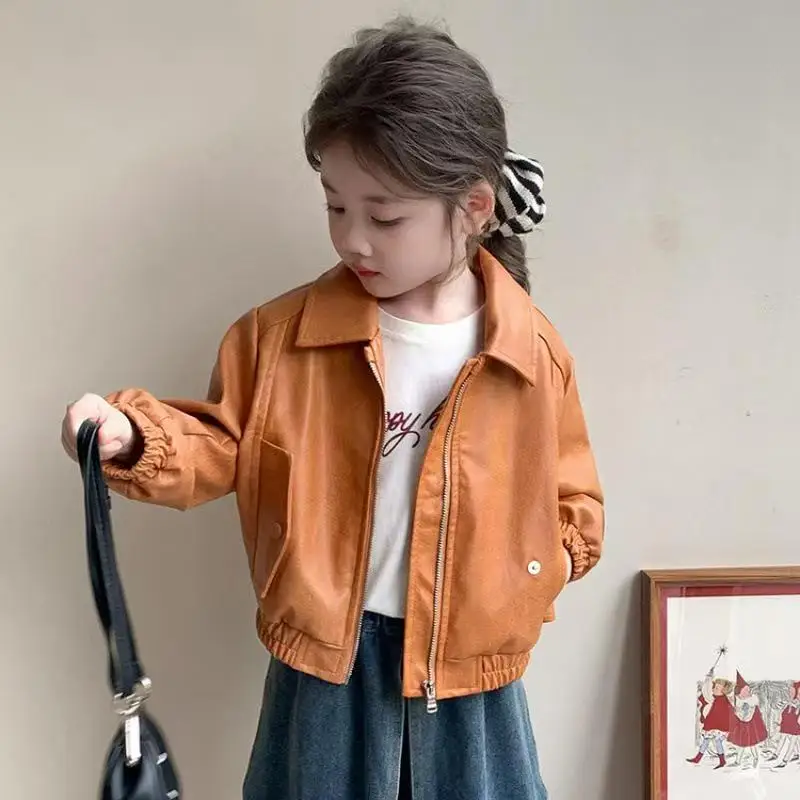

Girls' PU outerwear Spring and Autumn New Style Children's Fashion Casual Handsome Leather Jacket 90-140CM