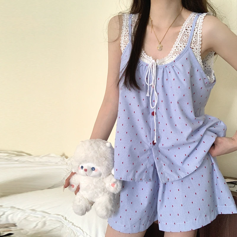 

Summer Sweet Polka Dot Camisole Pajamas Female Summer New Lace Lace Undershirt Shorts Suit Homewear