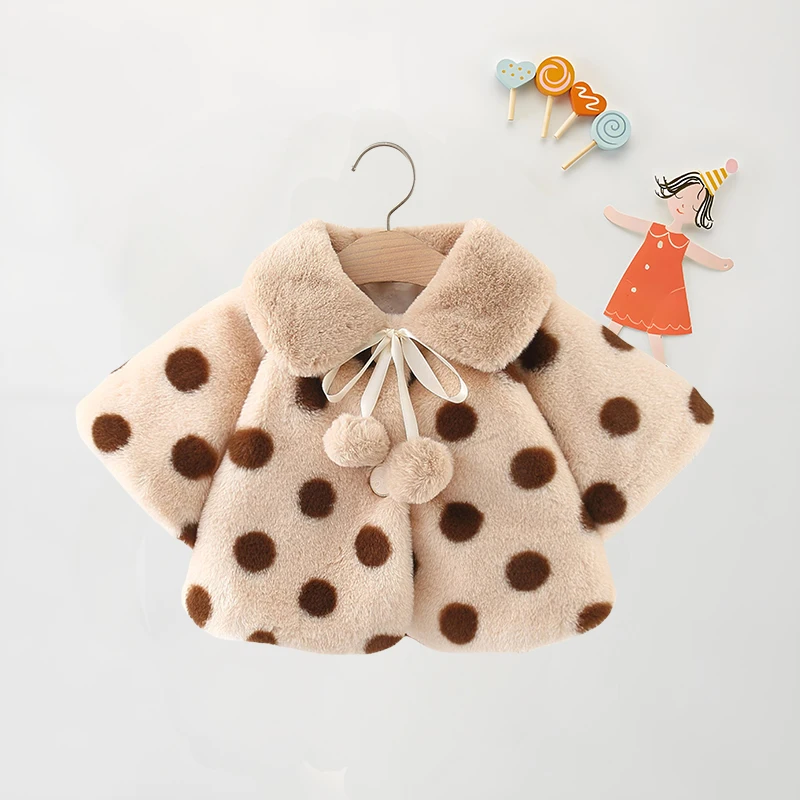 سترة شتوية للفتيات الصغيرات بلون سادة وياقة واسعة وأكمام طويلة معطف فرو مناسب للفتيات ملابس ثلج مطبوعة بنقط بولكا #3