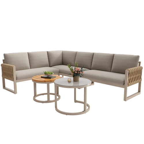Ensemble de salon d'extérieur modulaire avec pieds réglables, coussins résistants à l'eau et amovibles pour 5-6 personnes, canapé de patio beige avec coussins pour assise et dossier, sectionnel flexible en forme de L pour jardin, balcon, terrasse