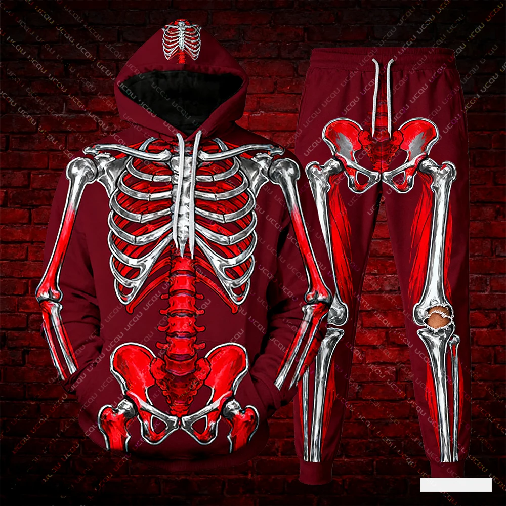 

2025 Halloween Motorcycle Hooded Sweatshirt And Pants Set Terrifying Skeleton 3D Print Winter Spring Set Festival Dress-Up Set