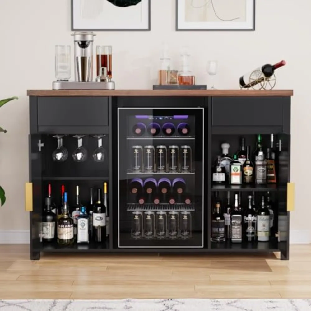 53.2" Coffee Bar Cabinet with Fridge Space,Fluted Sideboard,Black | Power Outlet, Stemware Rack, 2 Drawers, 2 Cabinets - view 6