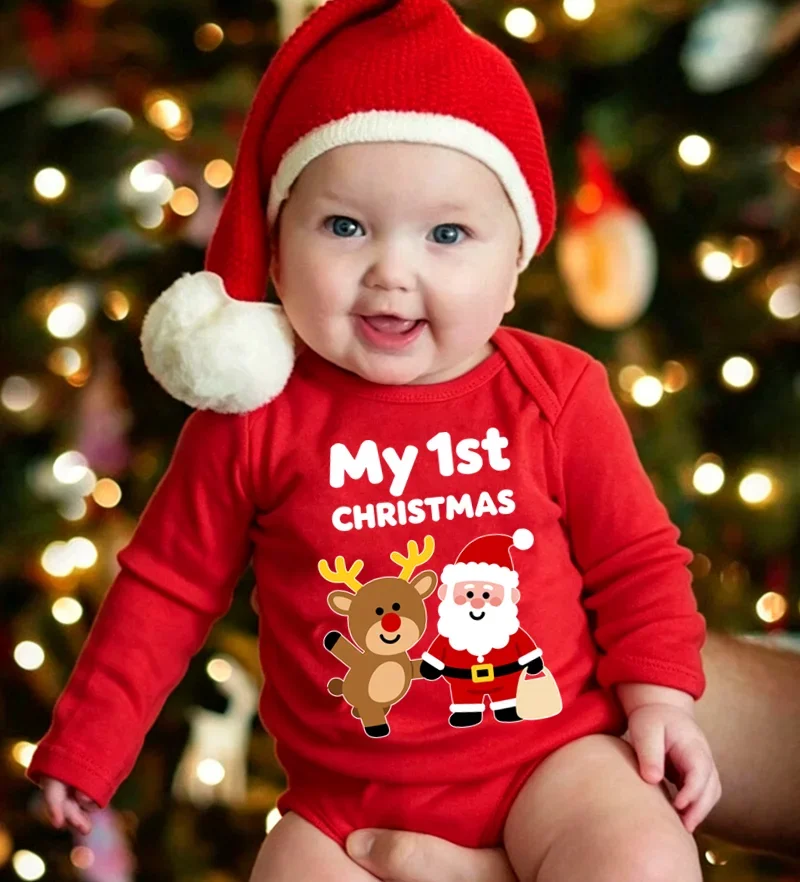 My 1st Christmas Baby Bodysuit Long Sleeve Red Cotton Newborn Romper Santa Reindeer Print Infant Boys Girls Xmas Jumpsuit