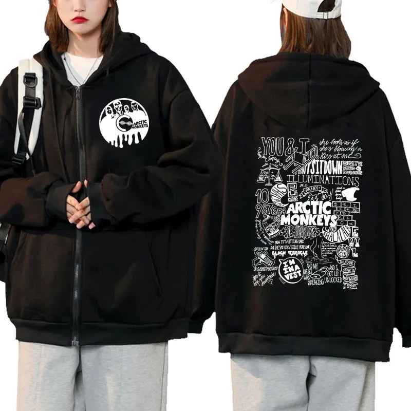 Vintage Arctic Monkeys Graphic Print Zip-up Hoodie Men Women Winter Fleece Zipper Jacket Retro Rock Hip Hop Oversized Coat Male