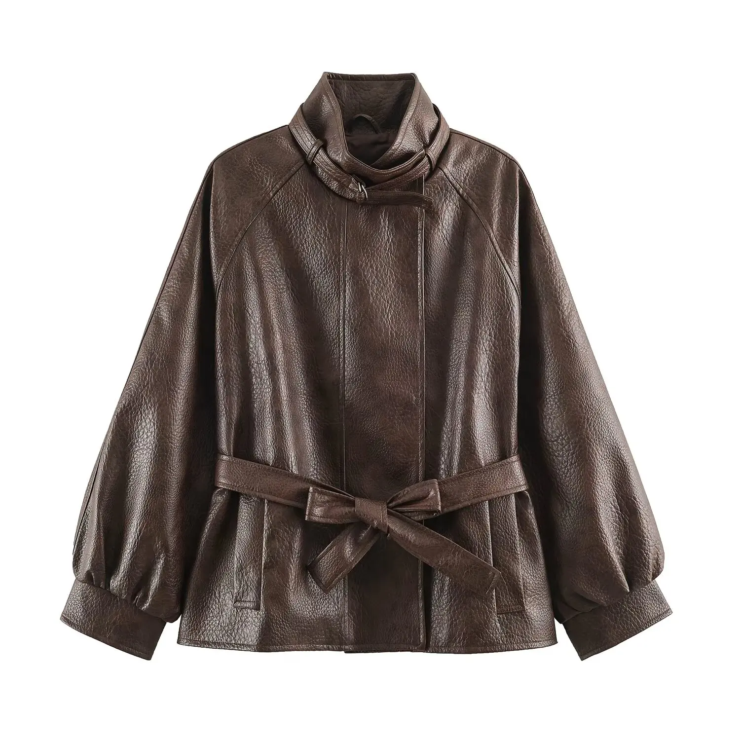 BSAY 2026 Women Minimalist Commuter Stand Collar Faux Leather Belted Jacket Lantern Sleeve Waist Belt Elegant Daily Outer Coat