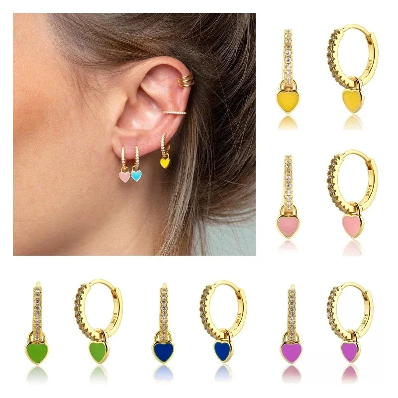 Simple Cute Pink/Purple/Yellow/Blue Color Enamel Heart Round Shaped CZ Hoop Earrings for Women INS Korean Style Jewelry