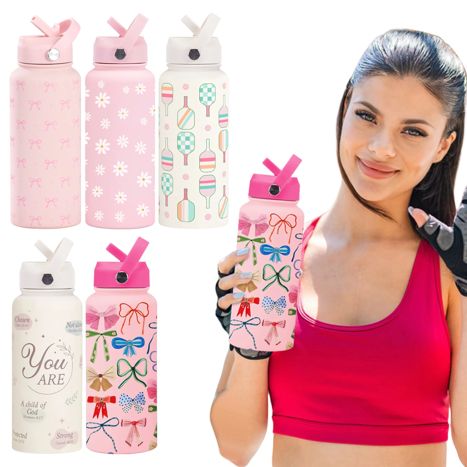 

1L Insulated Water Bottle with Flip Straw and Handle Pink Bow Thermal Flask Wide Mouth Stainless Steel for Travel Gym and School