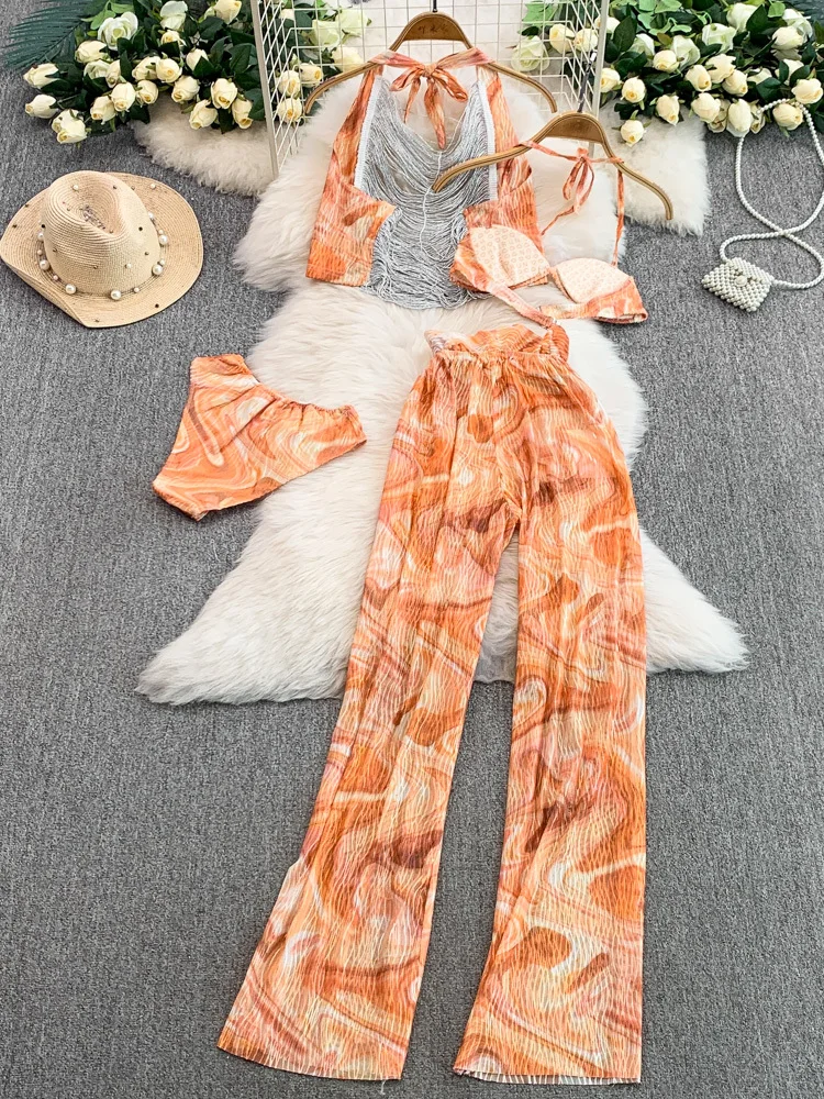 

Vaion Sle Бикини Hanging Ne Топ с накладкой на грудь + широкие брюки Комплект из четырех предметов Купальник с высокой талией и принтом Студенческий orm