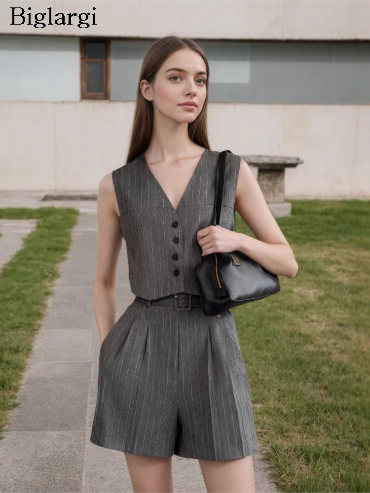 

Summer Striped Print 2 Two Piece Set Women Fashion Casual Ladies Cropped Vests Coats High Waist Loose Korean Style Woman Shorts