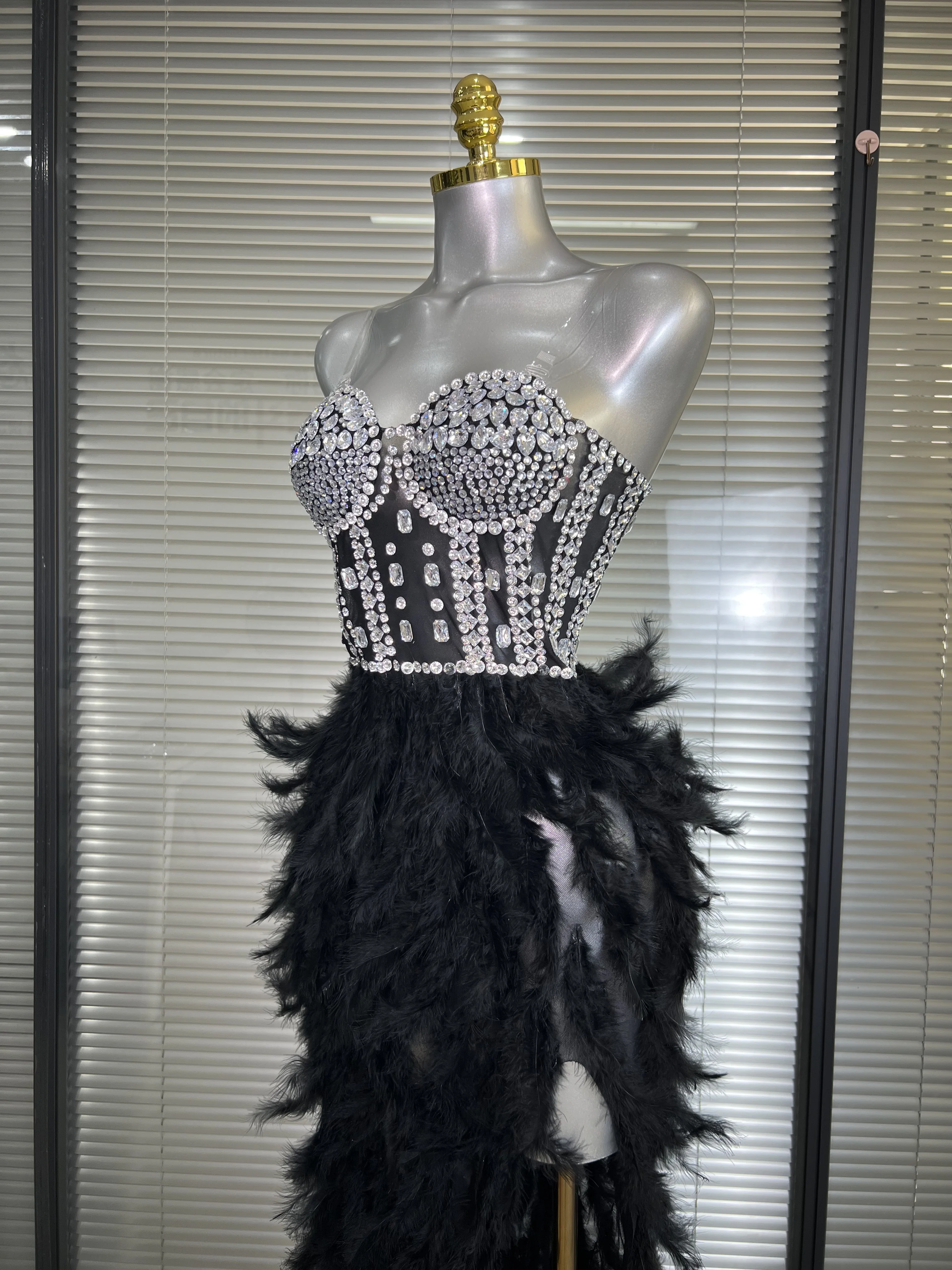 New Women Sexy Mesh Stretched Split Feathers Performance Costume Stage Black Nude High Stretchy Night Club Party Maxi Dress