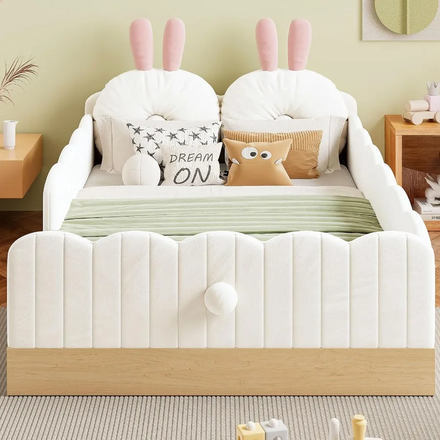 Lovely twin size upholstered platform bed frame with soft pillows and storage bags featuring a cute rabbit ear shaped headboard