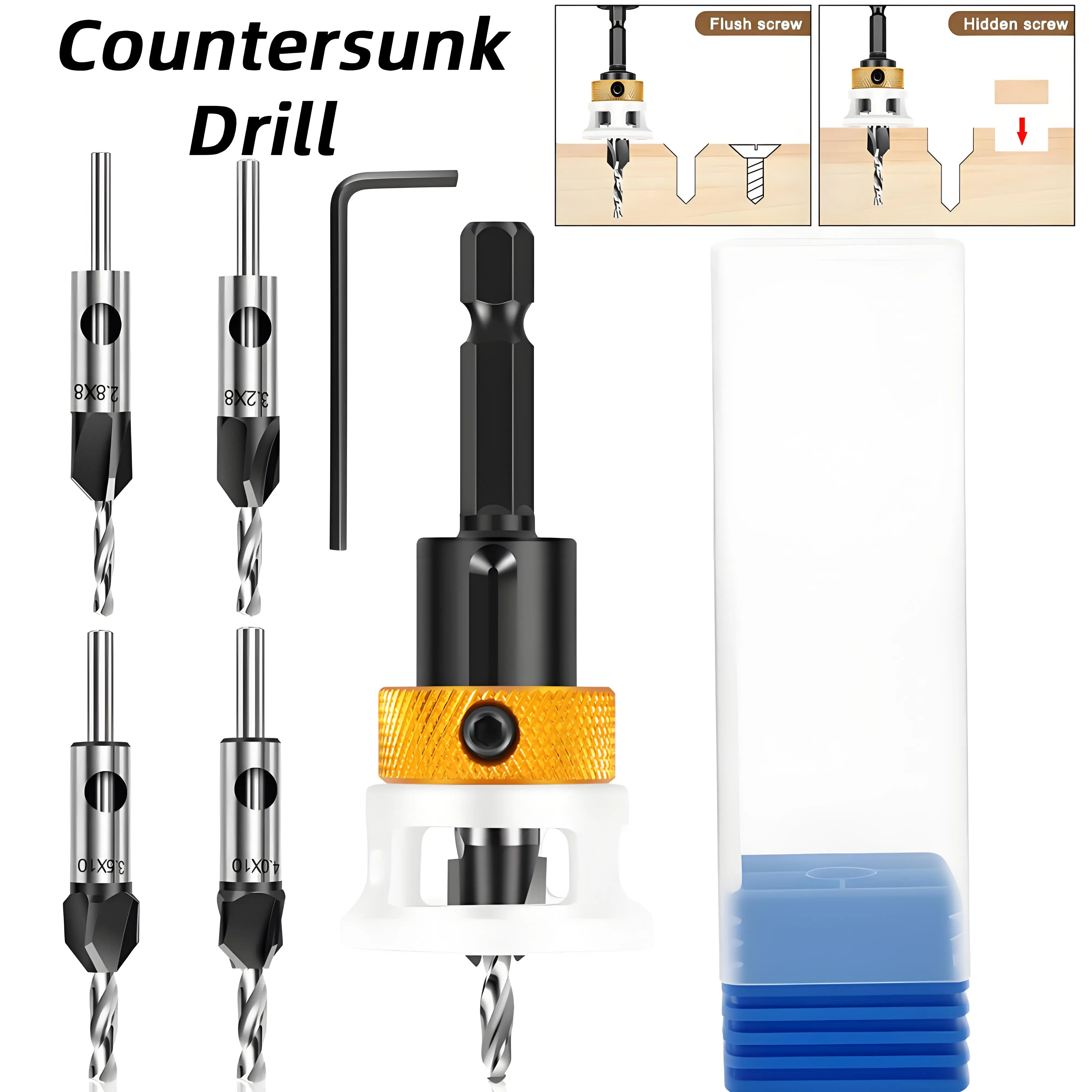 

6Pcs Woodworking Limit Four Edge Countersink Drill Set Alloy Versatile Wear Resistant Adjustable Depth Step Drill for Chipboard