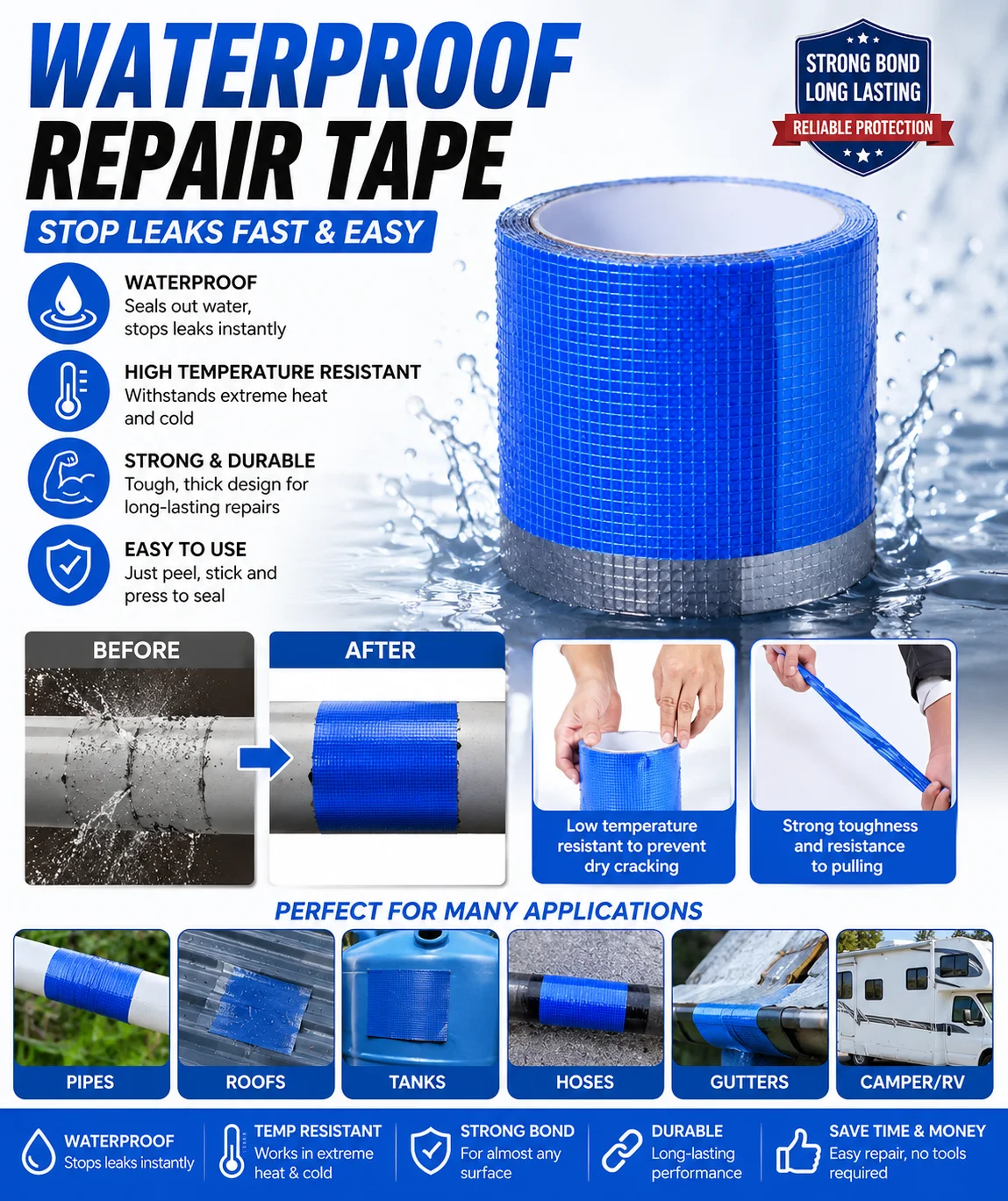 Aluminum Foil Butyl Waterproof Tape Self‑Adhesive Sealing Patching Band for Roof Tile Crack Leakage Waterproof Repair