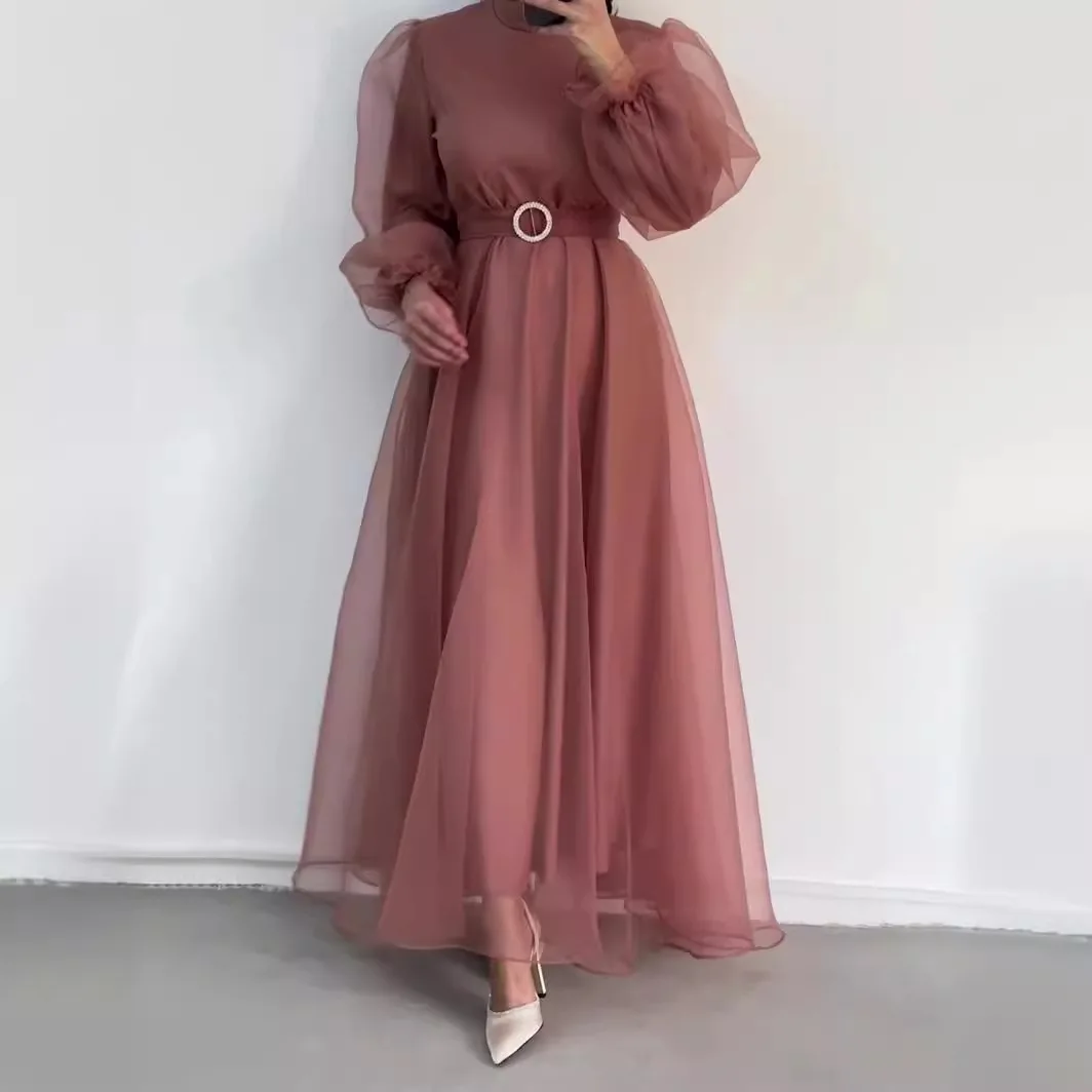 Dress Long Dresses Women Lantern Sleeve Mock Neck Elegant Muslim Party Prom Casual Regular A Line Vestidos Tight Waist Belt