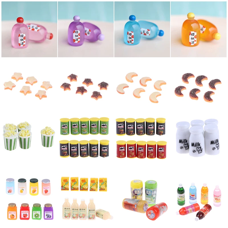 

4-10 шт. 1/12 миниатюрные печенье в форме звезды луны, консервированные фрукты, молоко, вино, картофельные чипсы, попкорн для кукольного домика, кухонный Декор