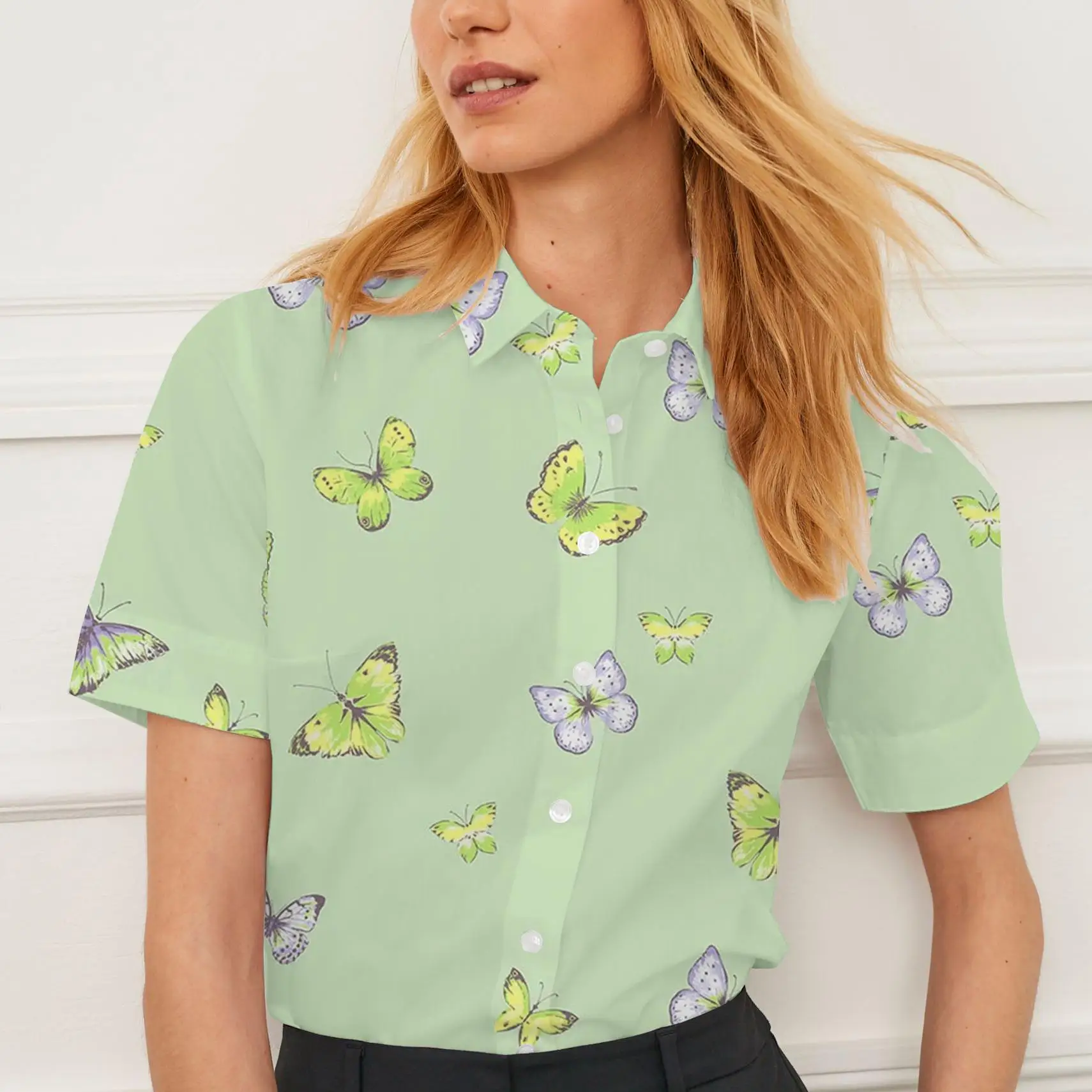 Новая летняя женская повседневная рубашка с короткими рукавами и лацканами с принтом бабочки, женская индивидуальная мода