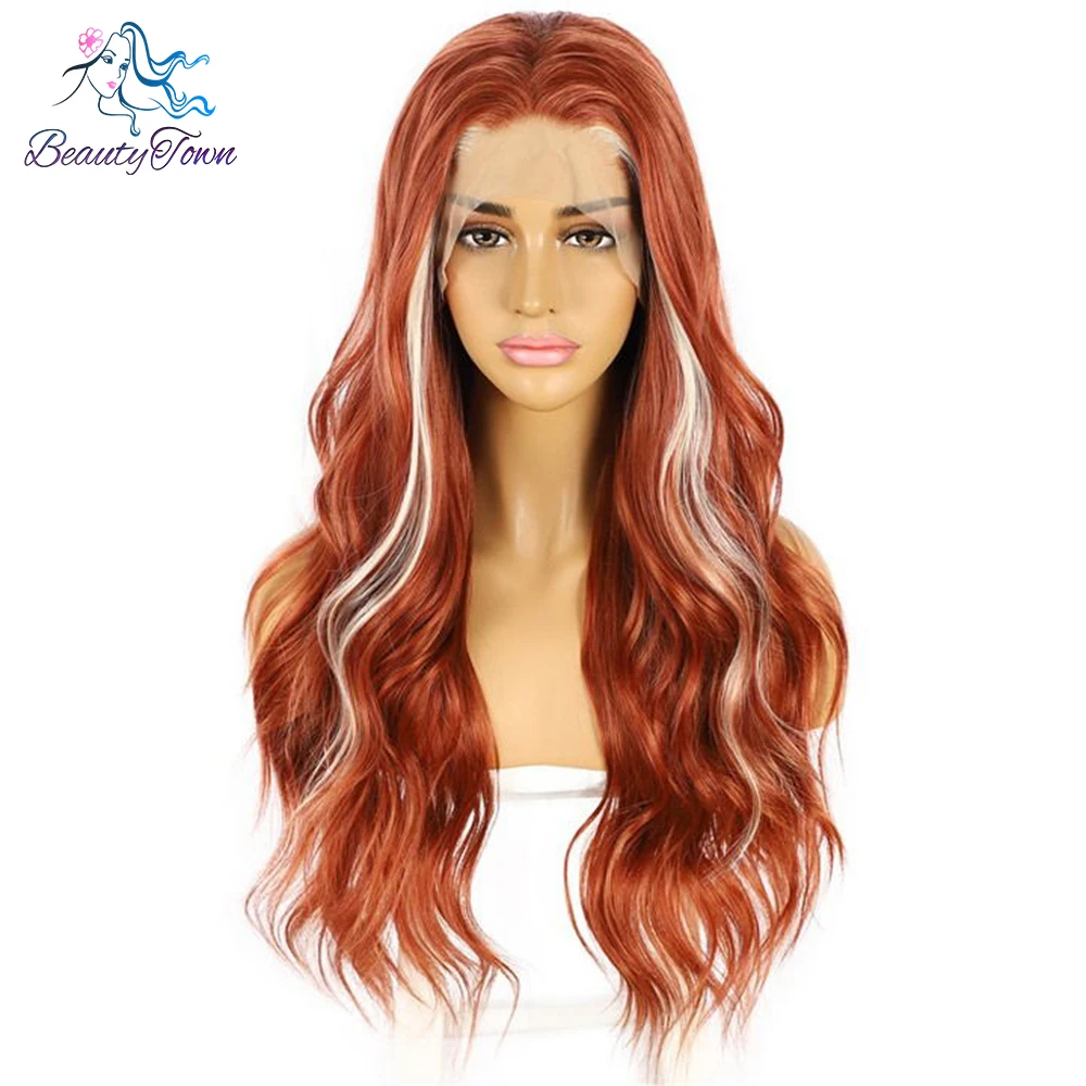 Ginger Colored 13X3 Synthetic Lace Front Wig Ginger Orange Transparent Lace Body Wave Wigs Balayage Style Heat Resistant Cosplay