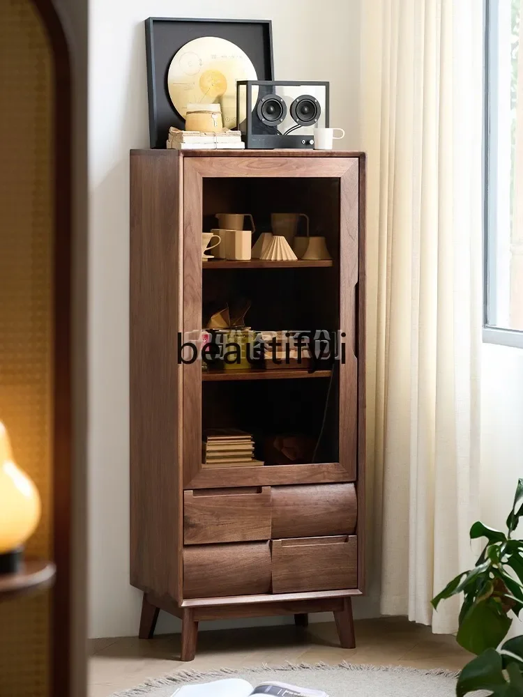 

North American black walnut wine cabinet living room solid wood TV side high cabinet against the wall display cabinet