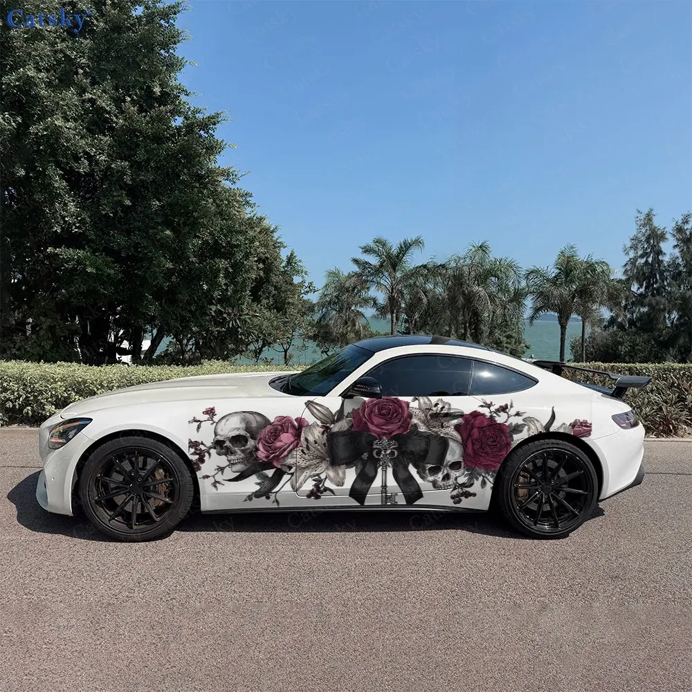 2pcs Flower Cluster Dual Skull Ribbon Car Side Wraps, Self-Adhesive PVC Waterproof & Scratch-Resistant Stickers, Car Accessory