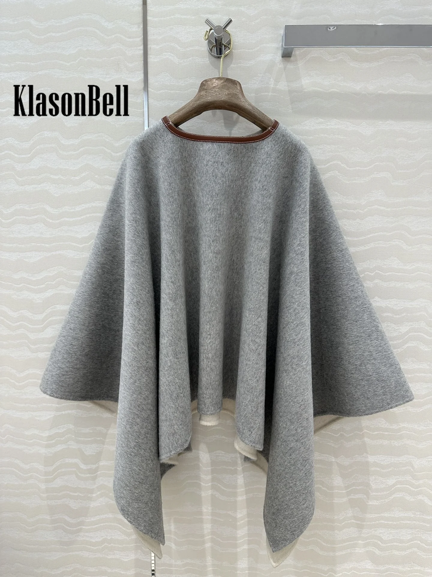 9.21 KlasonBell Women\'s Fashion Genuine Leather Lace-up Decoration Shawl Capes Elegant Keep Warm Cashmere Asymmetric Coat