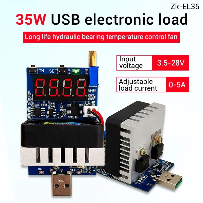 35W DC3.5-28V USB Electronic Load Resistor Discharge Battery Tester LED Display Fan Adjustable Current Voltage Meter