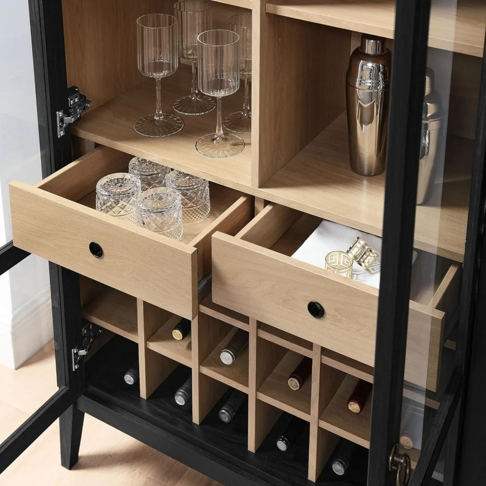 Nolan Moderner Bauernhaus-Barschrank mit gewölbter Barschrank in schwarzer Holzmaserung – 182,9 cm hoher Weinschrank mit Glastüren