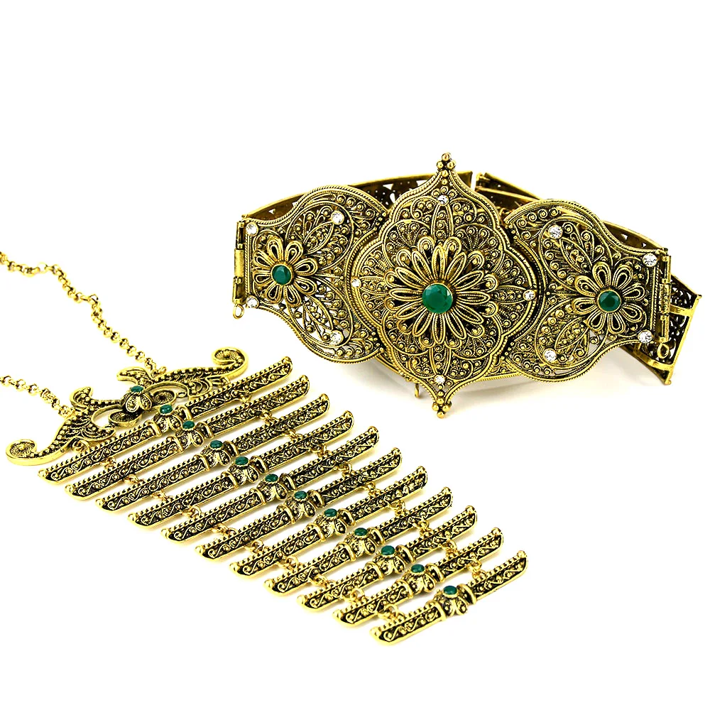 Sunspicems القوقاز حزام الصدر مجموعات ل فستان زفاف للنساء عباية مجوهرات ريترو الذهب اللون الأحمر الأخضر حجر الوردي اللؤلؤ جديد #1
