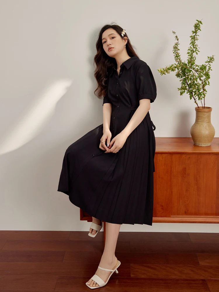 DUSHU-Robe chemise longue taille haute pour femme, tenue de bureau, pour la présidence, couleur unie, nouvelle collection été