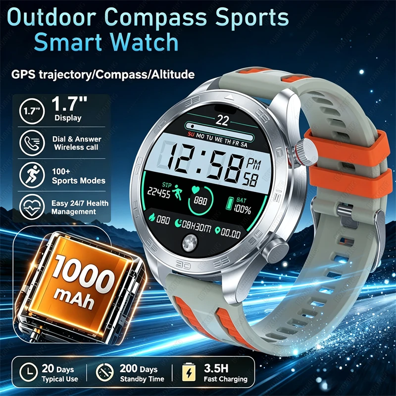New 1000mAh Big Battery Smart Watch Men's GPS Path 1.7" AMOLED HD Heart Rate and Blood Oxygen Monitoring Call Sports Smartwatch