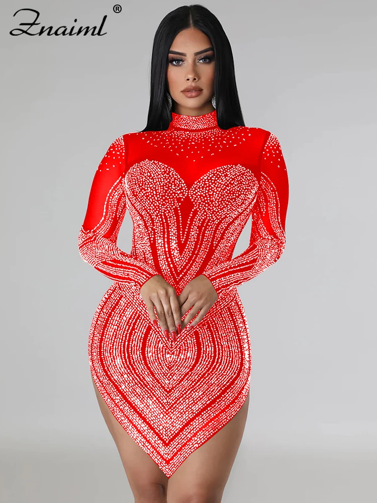 Znaiml Abito corto bianco patchwork in maglia trasparente di lusso per le donne Abiti da compleanno per night club con strass di cristallo scintillanti