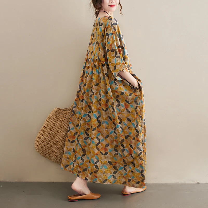 スリムプラスサイズ夏新作ヴィンテージルーズレディースワンピース半袖ロングスカートお腹カバー細見えワンピース