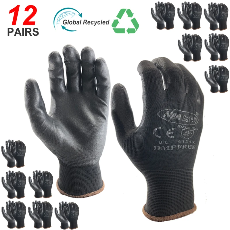 NMSafety 12 Pairs Safety Working Gloves Black Pu Nylon Cotton Glove Industrial Protective Work Gloves Brand Supplier