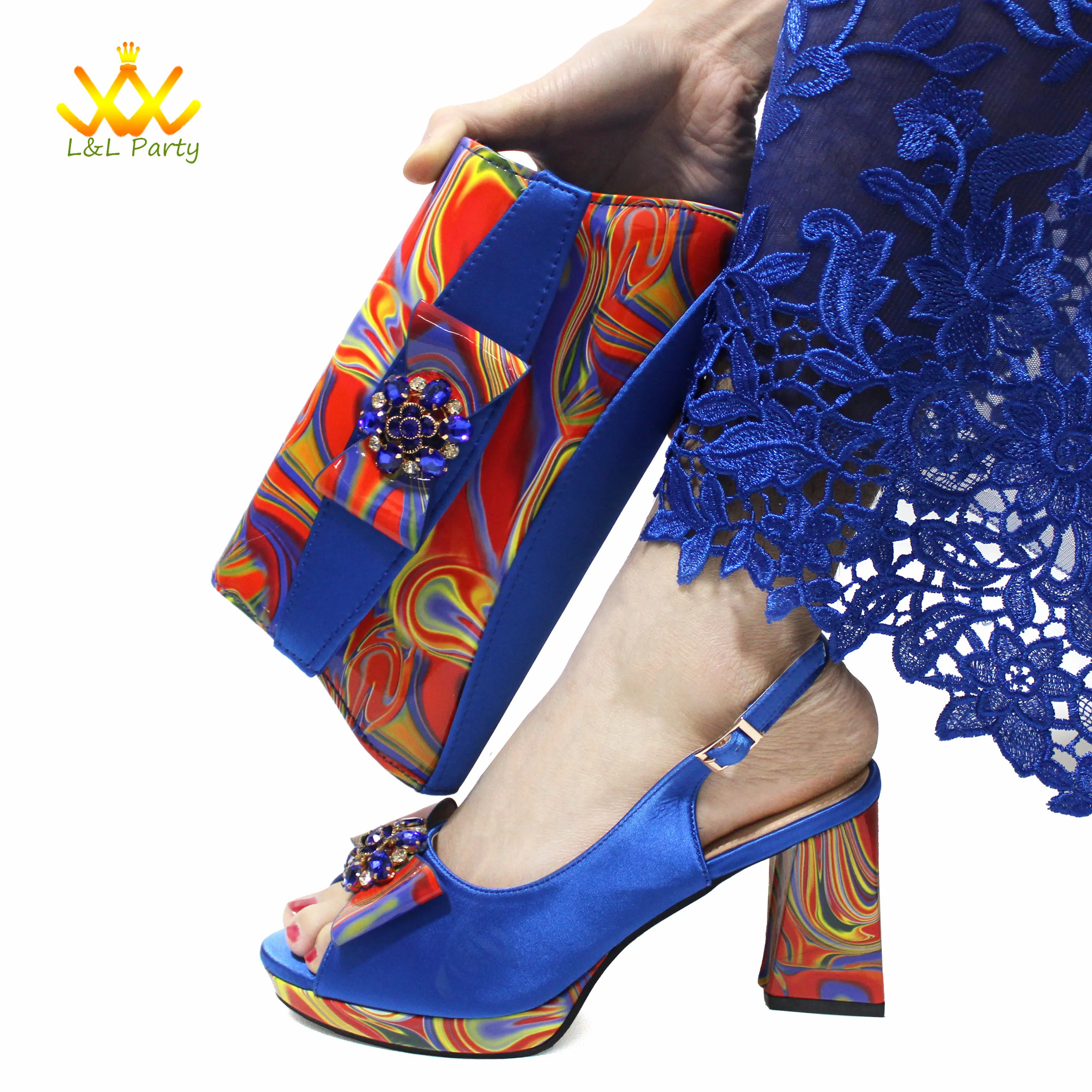 Royal Blue New Arrivals Fashion INS Hot Sale 2024 African Women Shoes and Bag Set Super High Heels with Appliques with Crystal