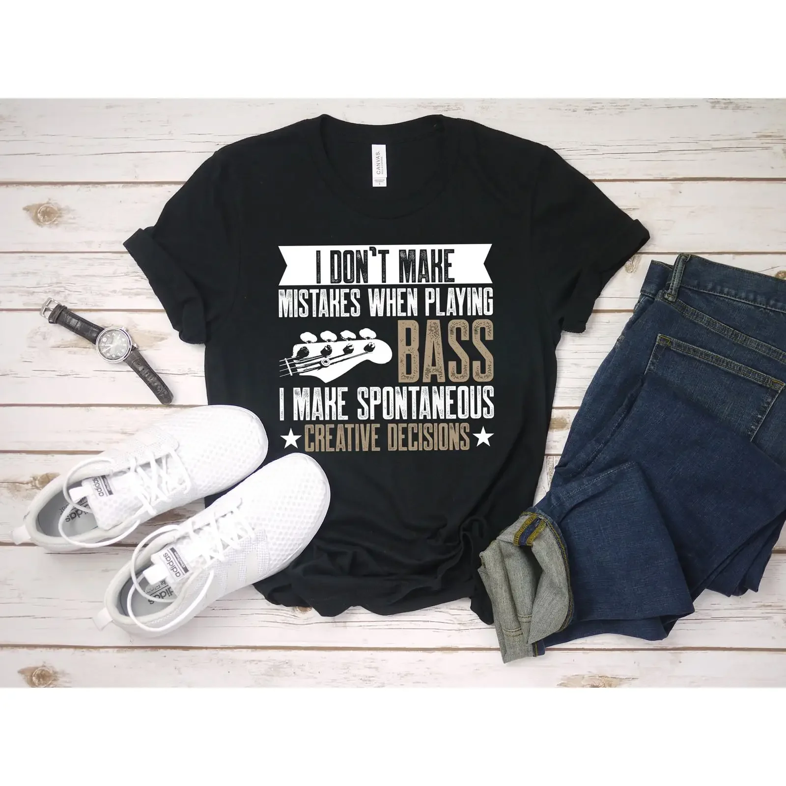 I Don't Make Mistakes Playing Bass Spontaneous Creative Decisions Funny Bassist Guitarist Casual  T shirt vintage Washed