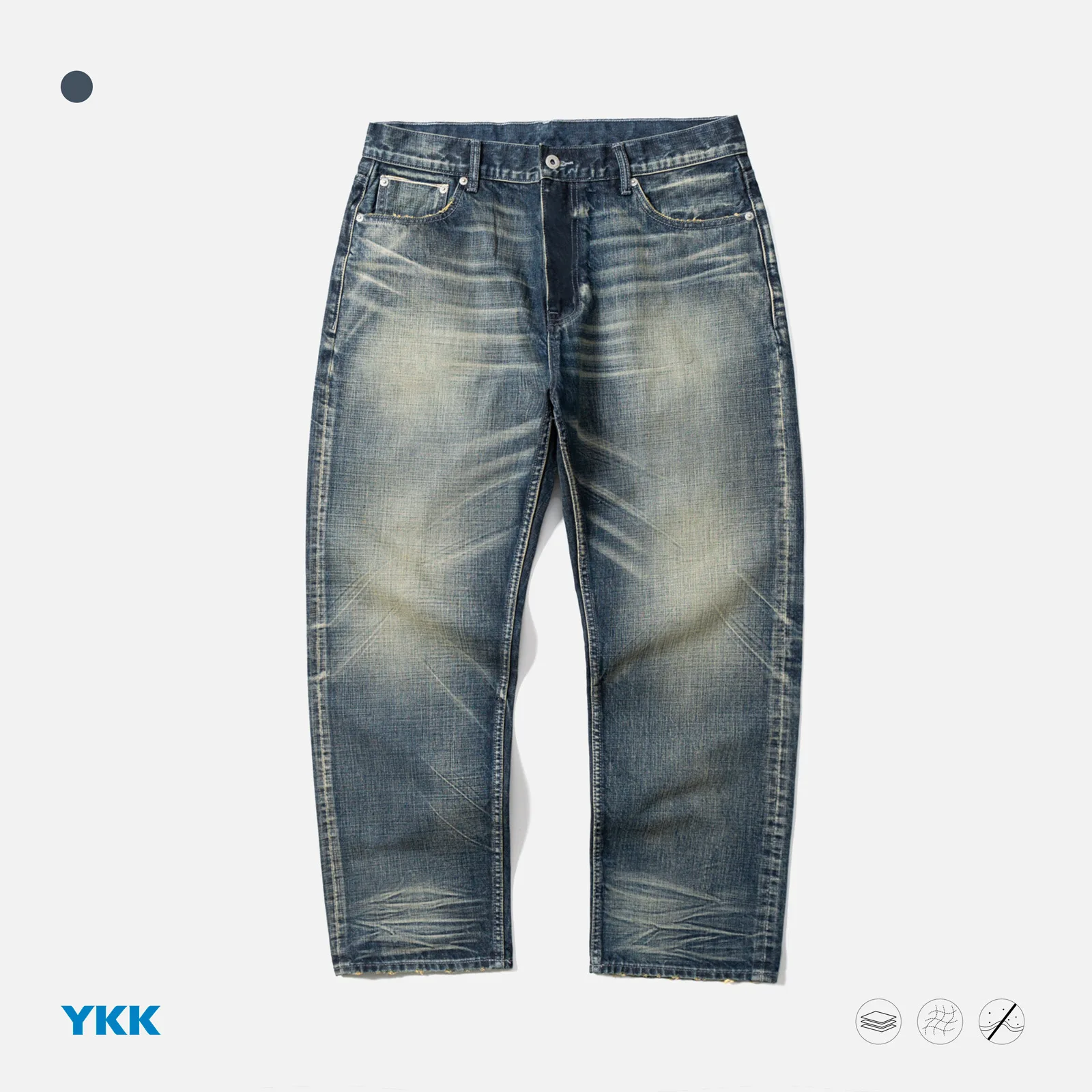 

Men's Loose Straight Leg Jeans Hand Rubbed Washed Retro Japanese Style Low Waist Zipper Fly Cotton Denim Casual Trousers