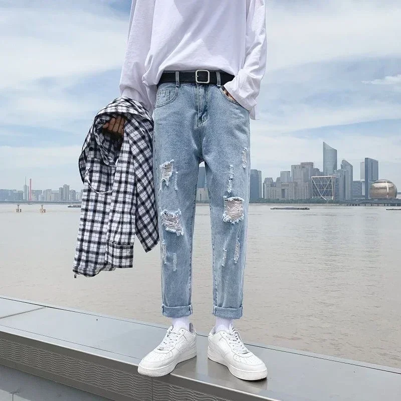 

Male Cowboy Pants Cropped Jeans for Men Broken Trousers Ripped Torn with Holes Straight Baggy Summer Harajuku Original Classic