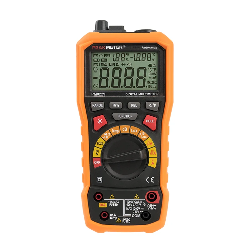

PM8229 PEAKMETER 4000 Counts Digital Multimeter Auto/Manual Range 0-1000V Temperature Humidity Sound Level Lux Test 5 1