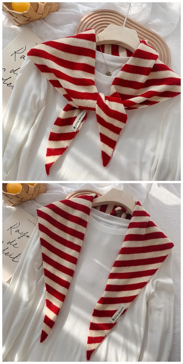 Koreanischer Streifen-Dreiecksschal aus 100 % Wolle, dreieckiger Schal für Männer und Frauen, britisches Nischen-Kopftuch, gestrickt, multifunktionaler warmer Schal – Detail 6