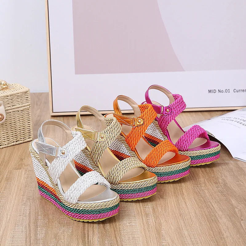 Platform Women Shoes Summer Gladiator Sandals Hemp Rainbow Wedge High Heel Shoes Women Custom Candy Color Weave Sandals WSH4564