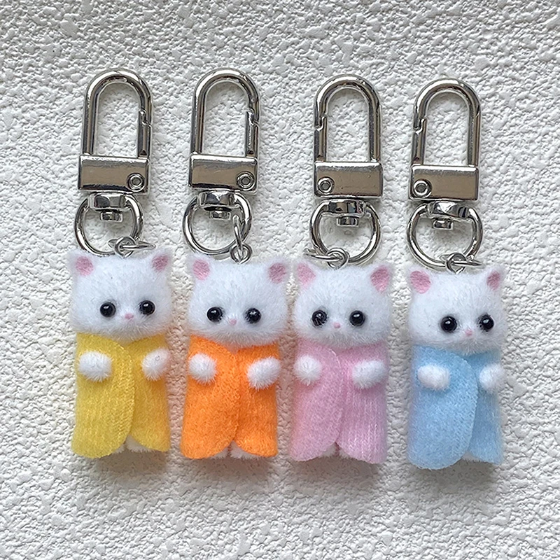 Cute Flocking Cat Keychain Kawaii 3D Kitten Keyring Car Key Holder School Bag Pendant Earphone Hanging Decoration Gifts