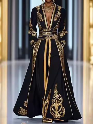 Vintage National Style Long Sleeve Evening Dress Luxury V-neck High Waist Banquet Dress Temperament Lady Casual Pleated Dresses